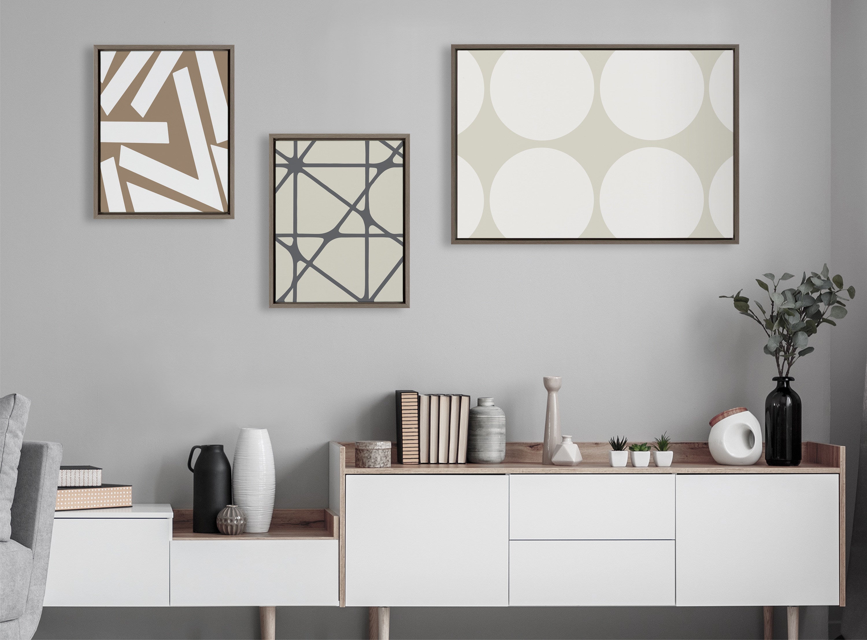 Sylvie Elevated Modern Neutral Dots, Neutral Pattern No 2 and Neutral Stained Glass Framed Canvas by The Creative Bunch Studio