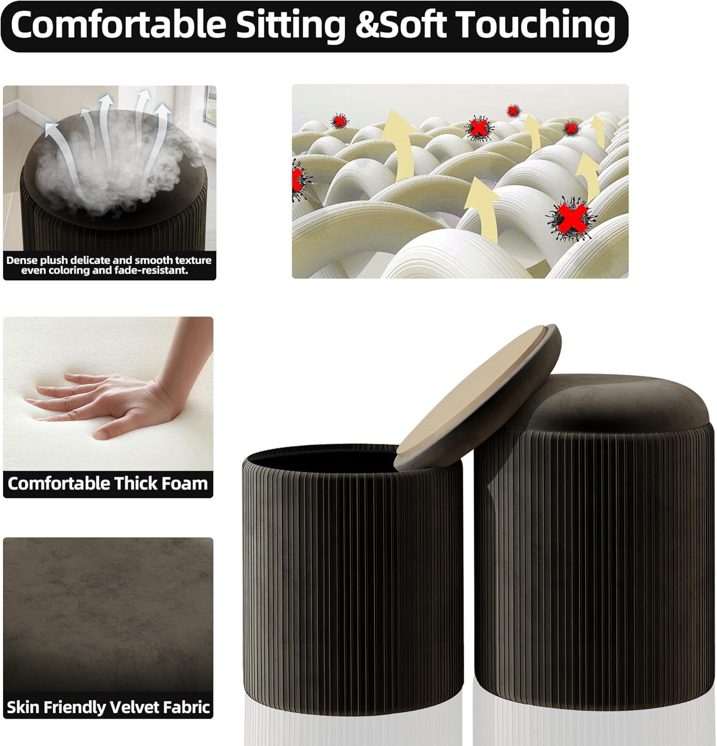 Round Velvet Storage Ottoman Black Lacquered Finish