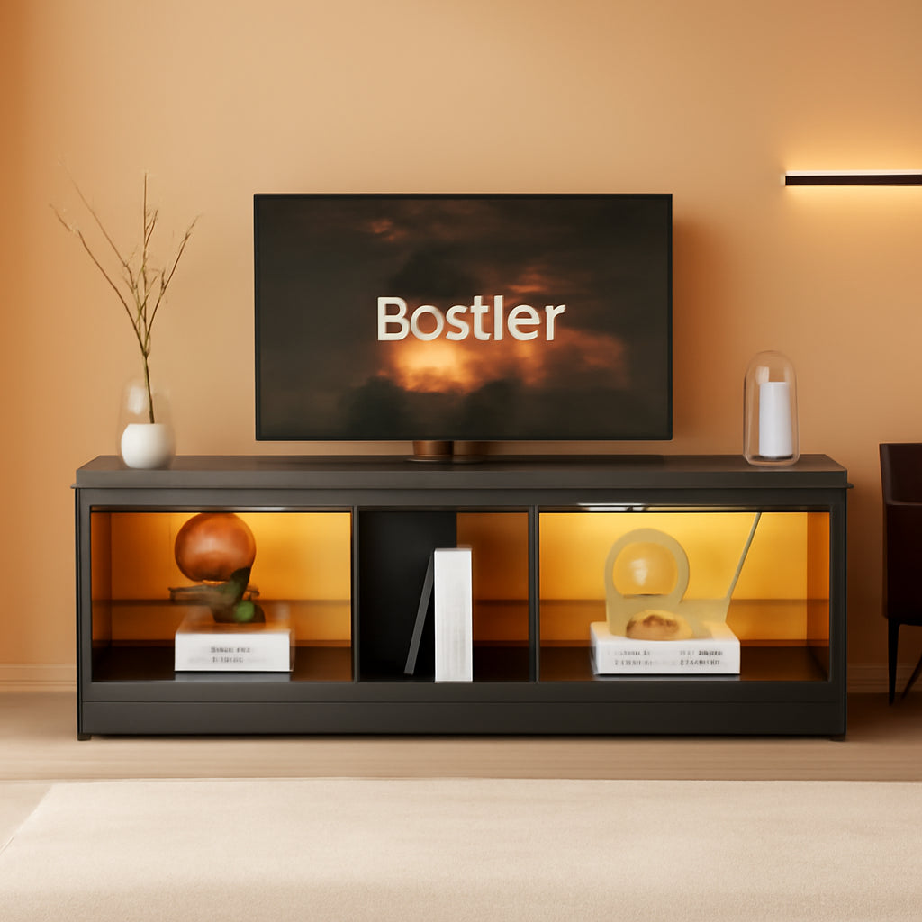 RGB LED Gaming TV Stand For 55Inch TV With Adjustable Glass Shelves Black Marble