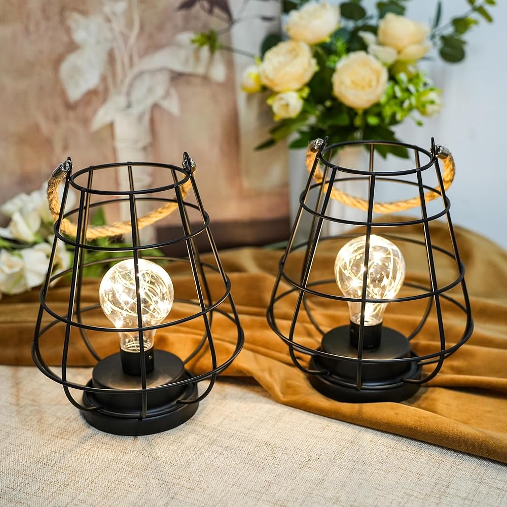 JHY DESIGN 8.5"H Cage Lantern: Decorative Table Lamp, Battery-Powered, Cordless, Warm White Fairy Lights + LED Edison Bulb (Black)-0