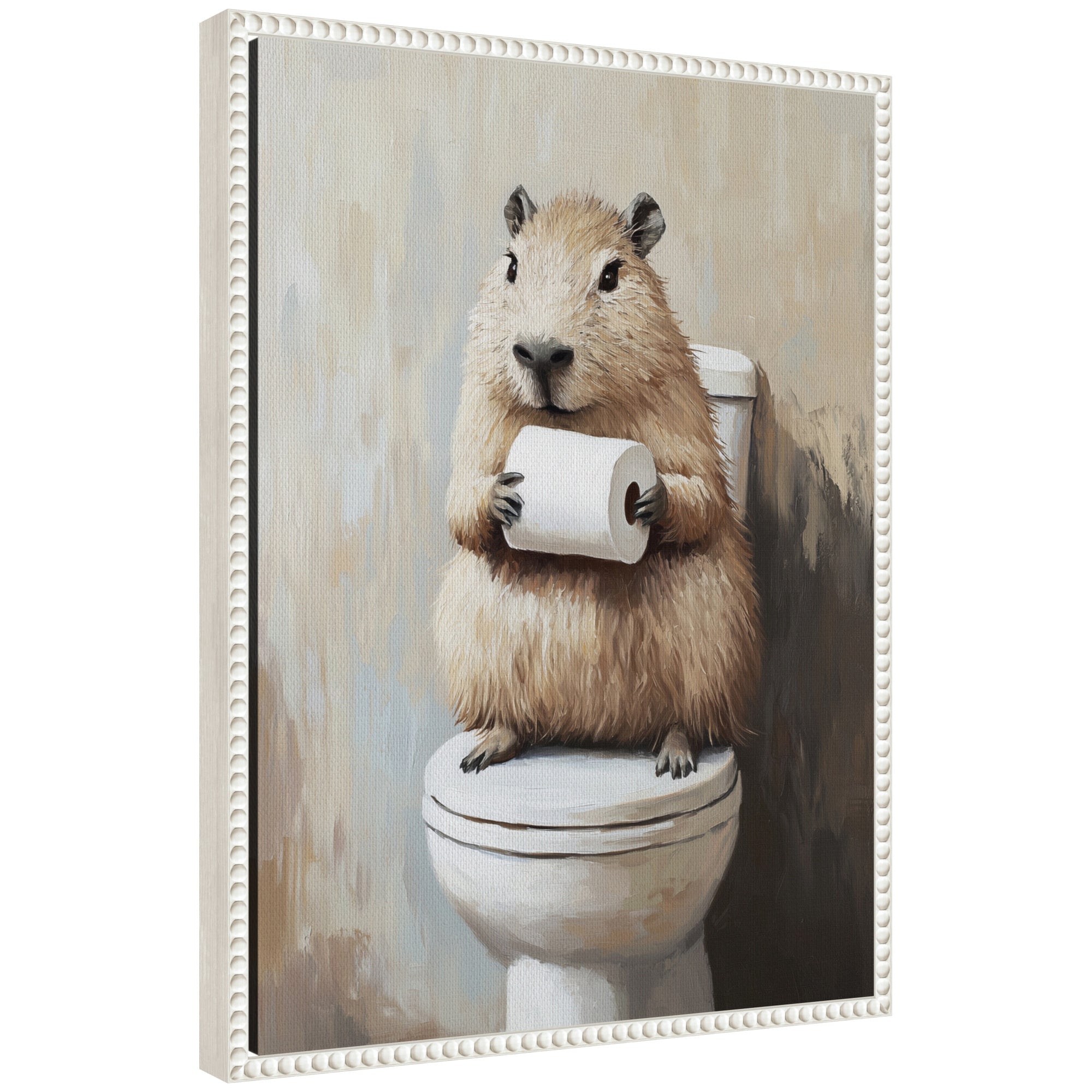 Sylvie Capybara Angled Holding Toilet Paper Roll Toilet Bathroom Art Framed Canvas by The Creative Bunch Studio