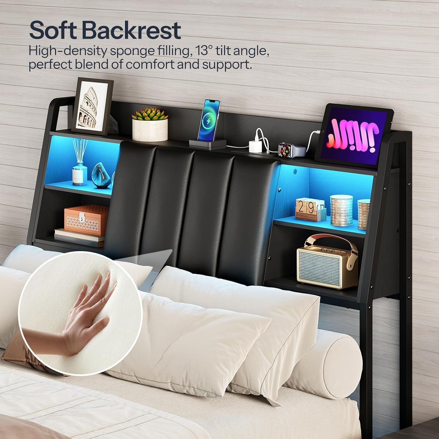 Upholstered Full Size Headboard with LED Lights and Storage