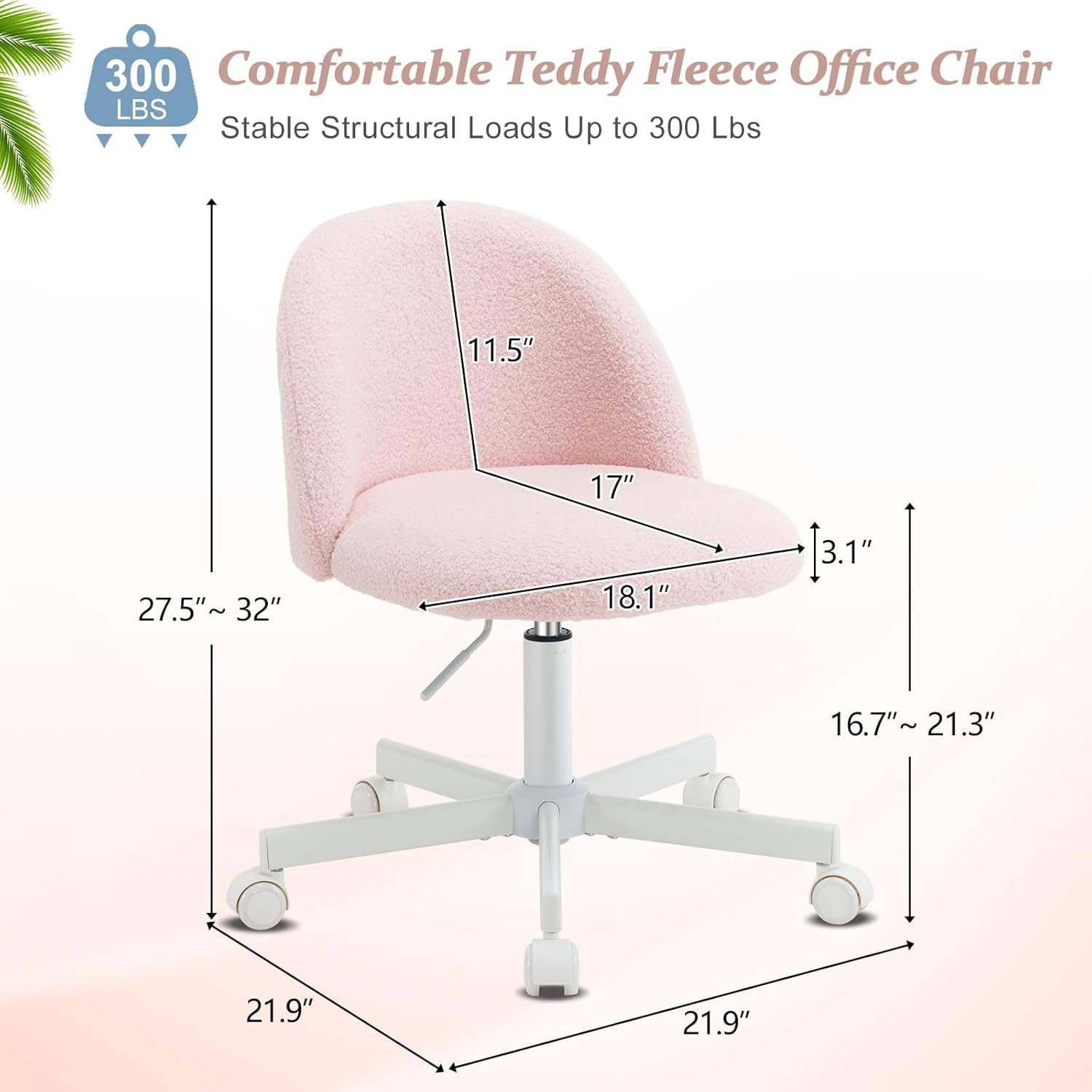 Pink Teddy Desk Chair With Lumbar Support And Wheels