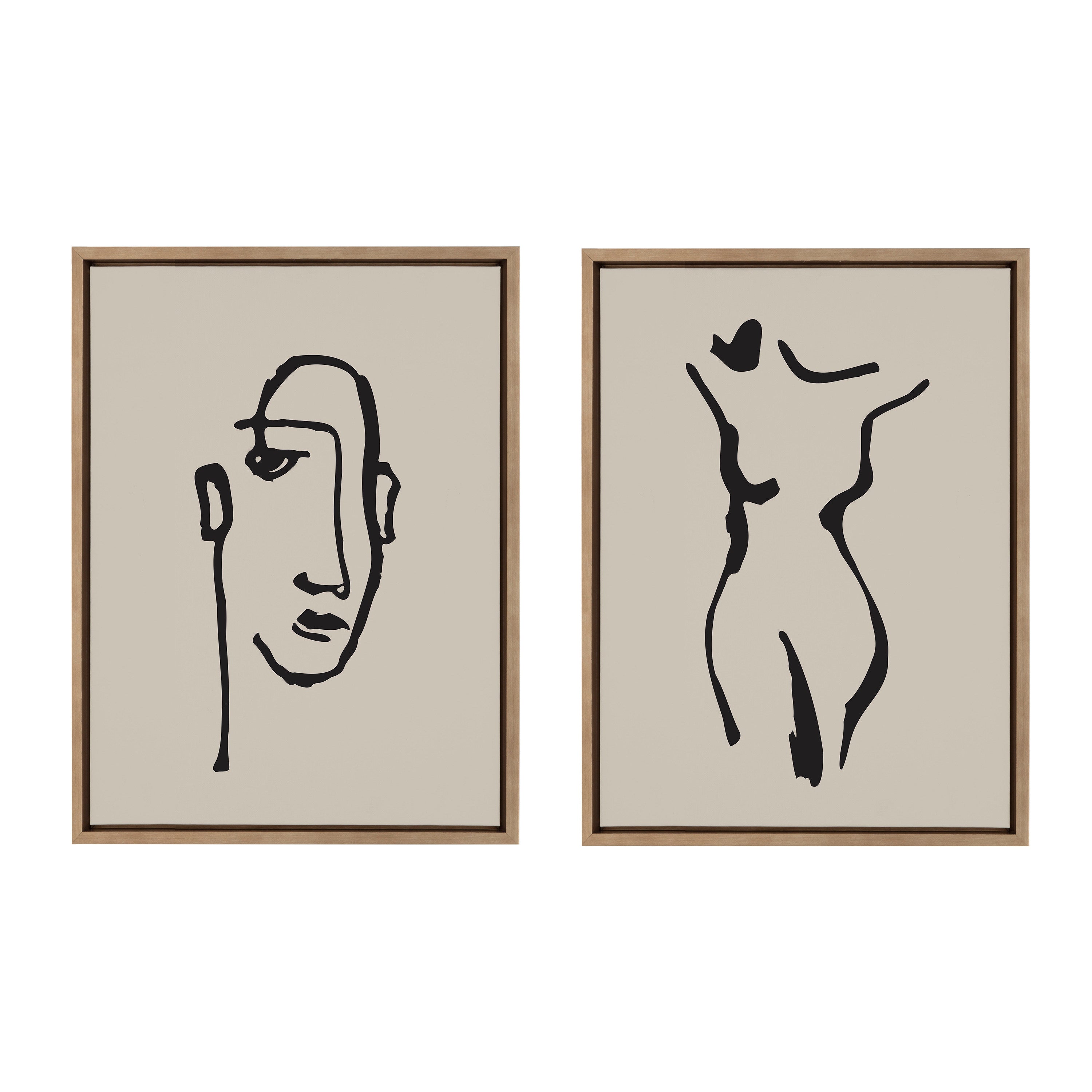 Sylvie Minimalist Neutral Line Art Drawing Face and Body Framed Canvas Art Set by The Creative Bunch Studio