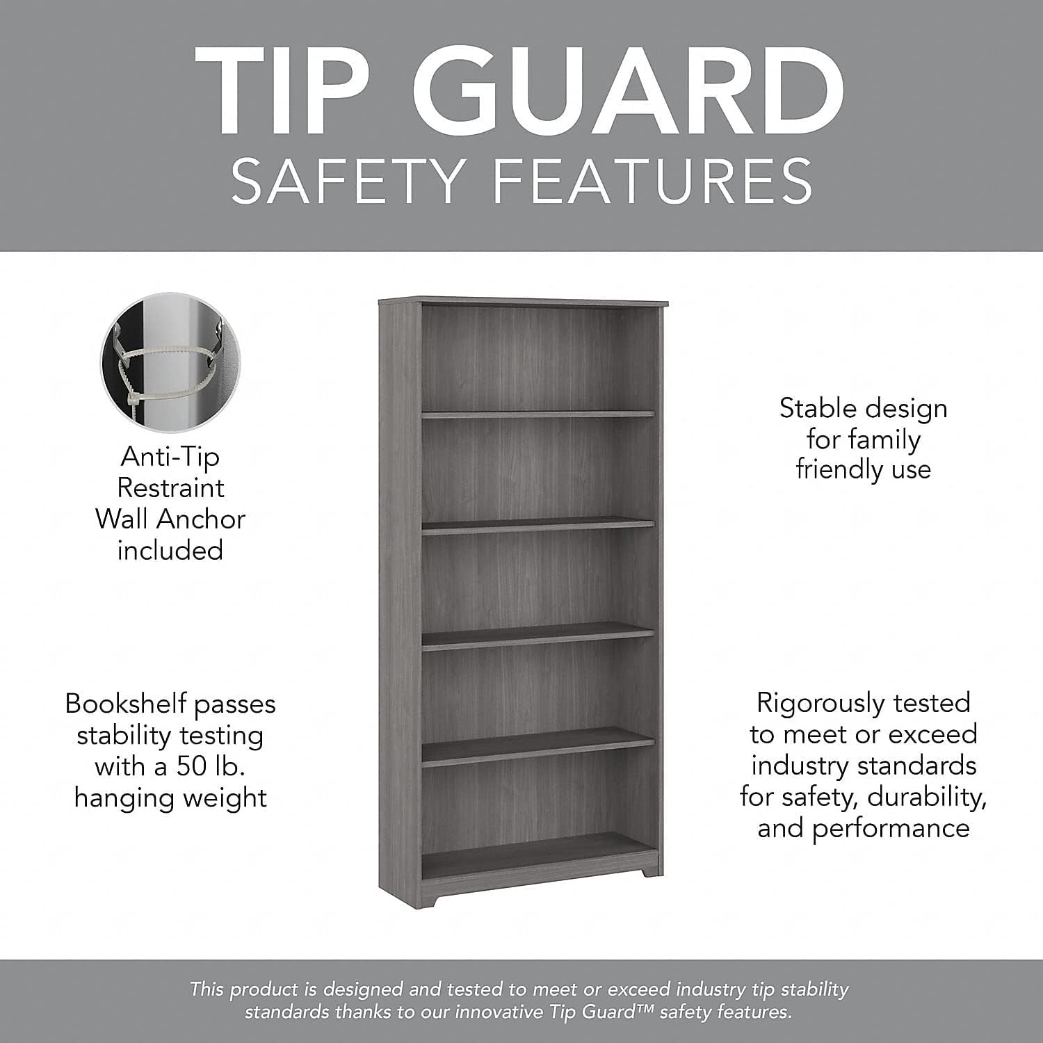 Bush Furniture Cabot Tall 5 Shelf Bookcase Modern Gray