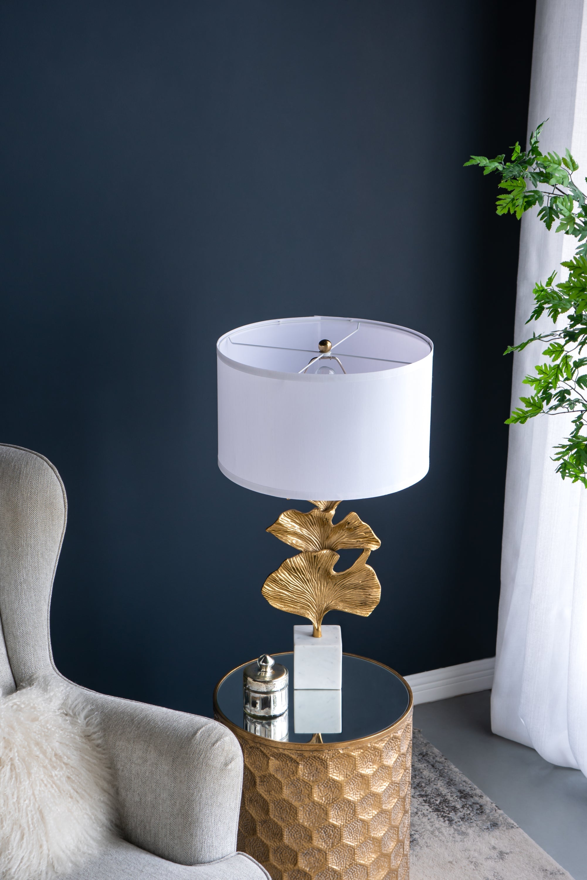 Gold Ginkgo Leaf Table Lamp with Marble Base and White Drum Shade