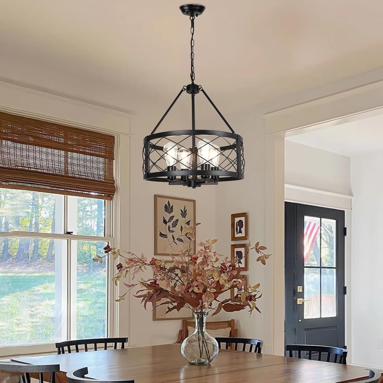 Black Industrial Chandelier Four Light Drum Fixture-4