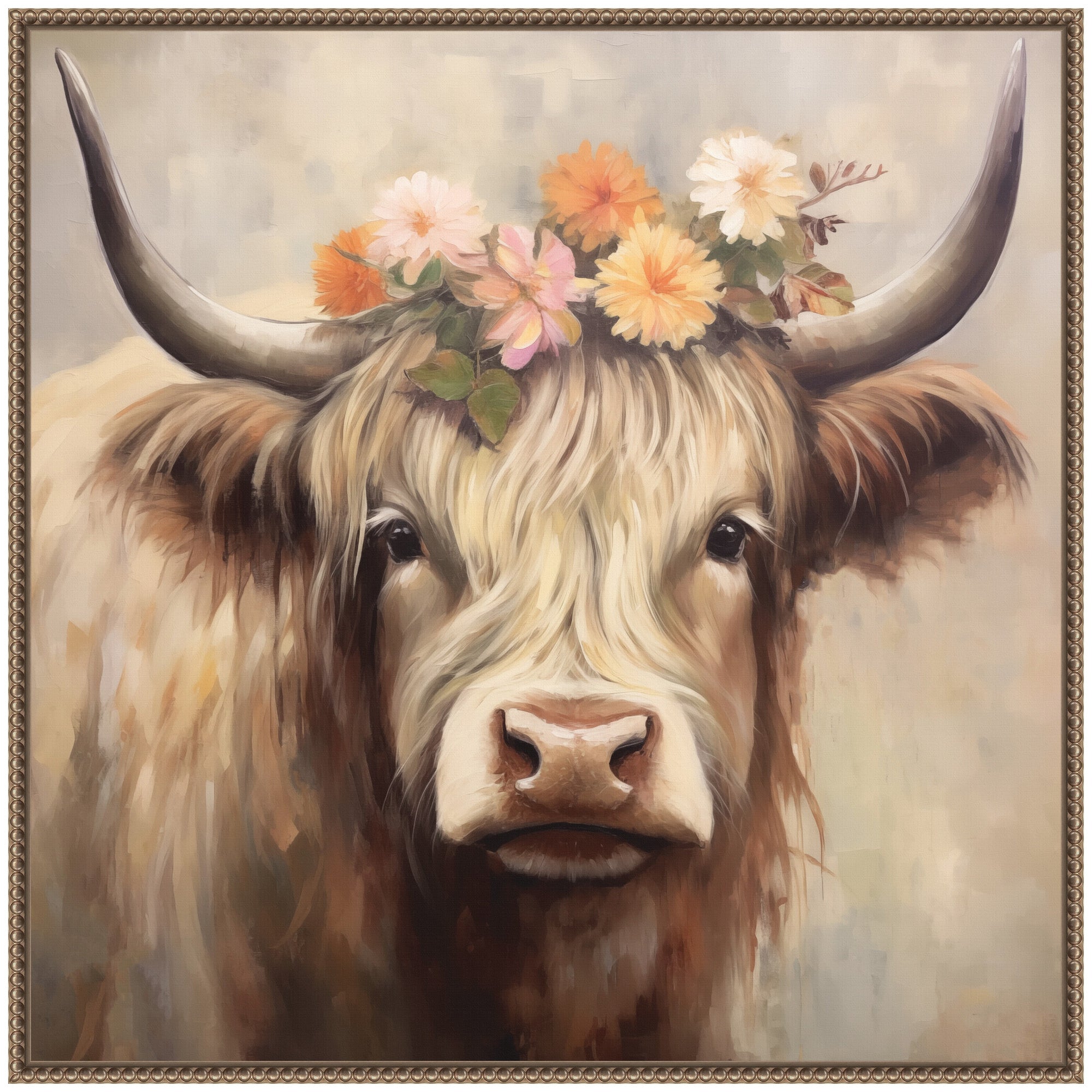 Sylvie Adorable Floral Boho Highland Cow Framed Canvas by The Creative Bunch Studio