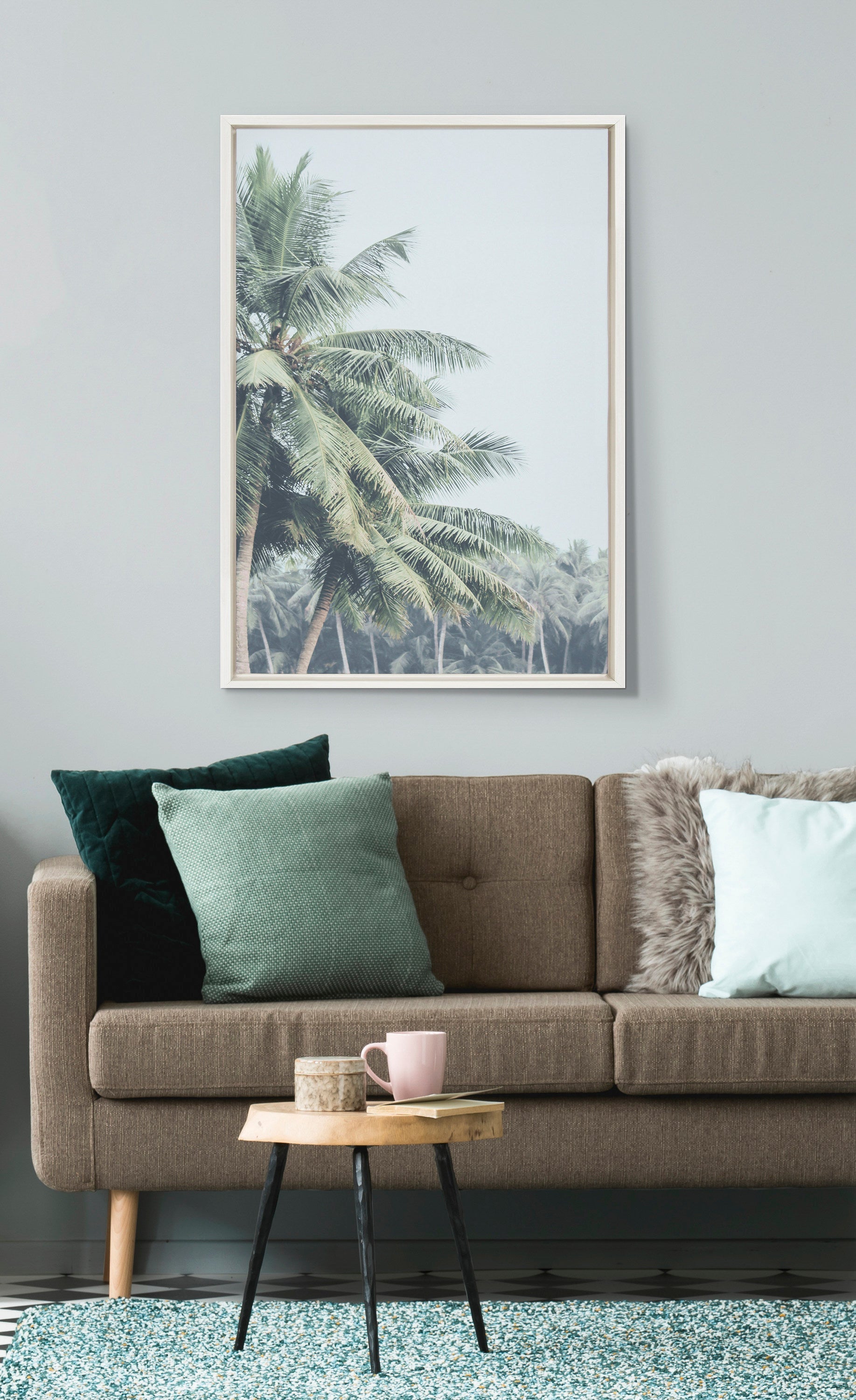 Sylvie Pale Green Coconut Palm Trees Framed Canvas by The Creative Bunch Studio
