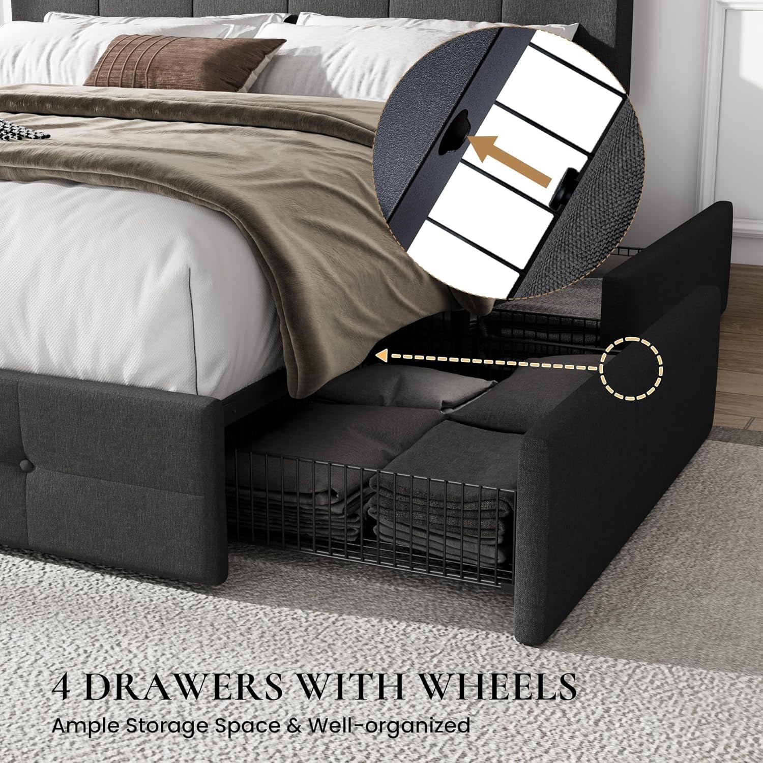 Upholstered Queen Platform Bed Frame With 4 Storage Drawers