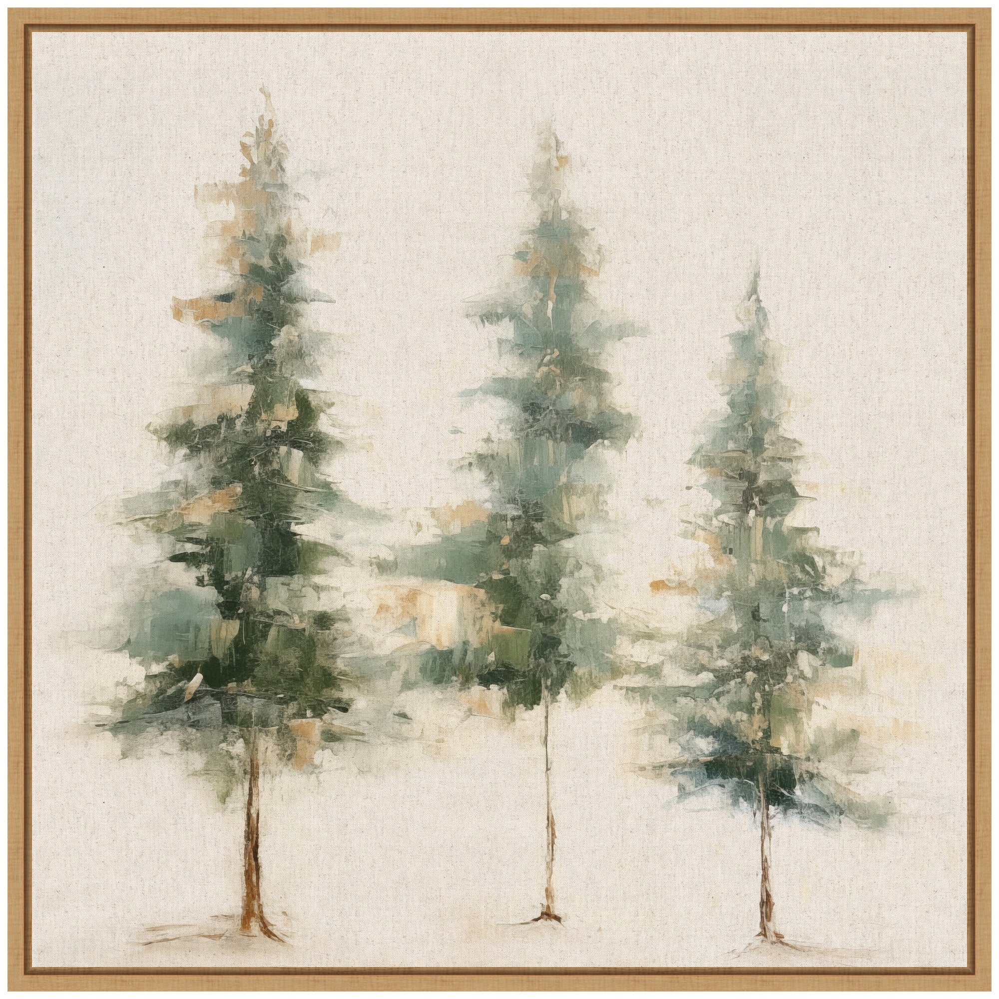 Sylvie Abstract Forest Evergreen Trees on Neutral Linen Framed Canvas by The Creative Bunch Studio
