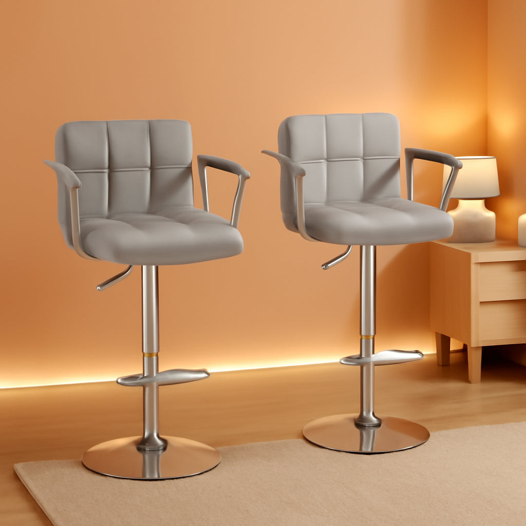 Counter Height Bar Stools Set 2 Armrest Swivel Leather Grey