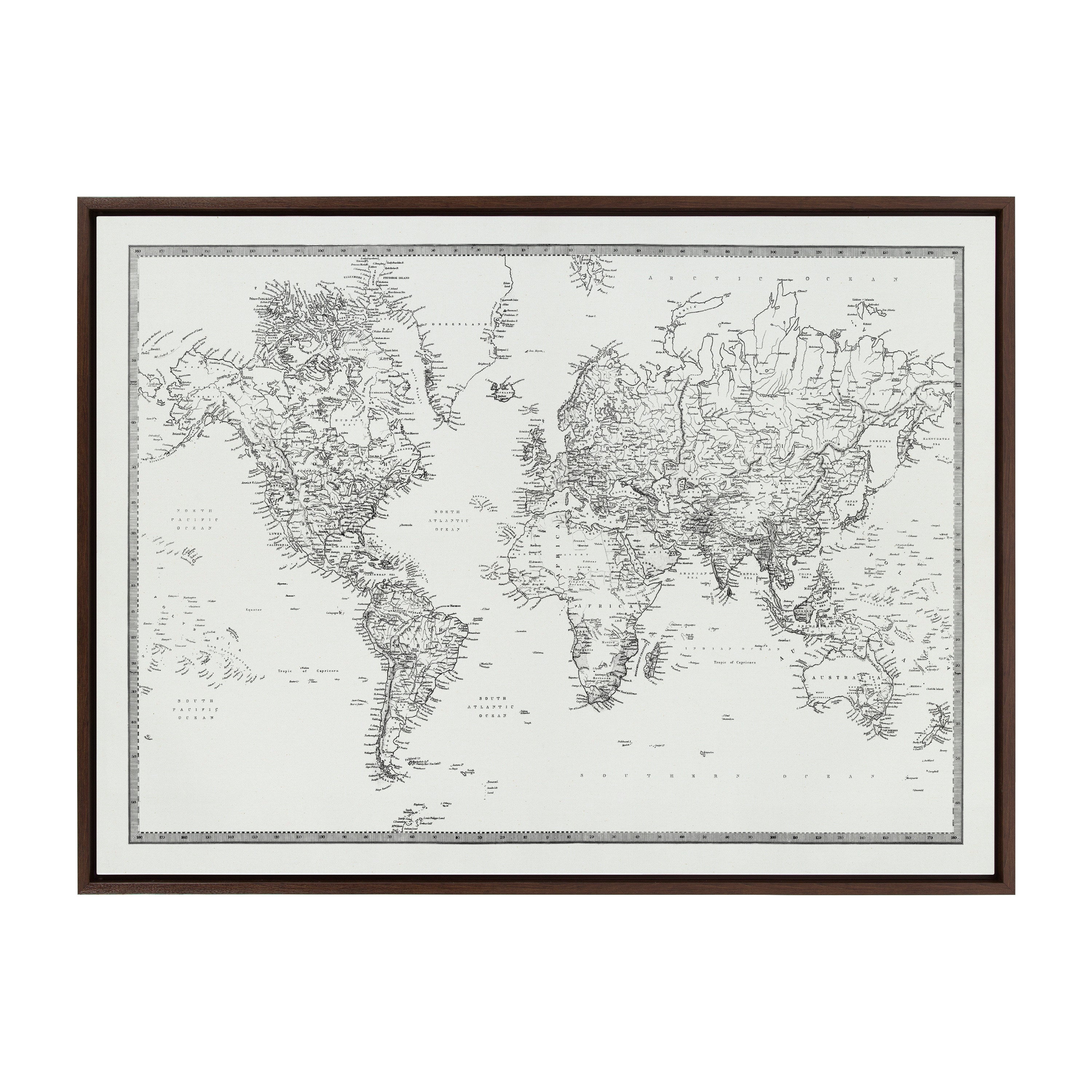 Sylvie Vintage Black and White World Map Framed Canvas by The Creative Bunch Studio