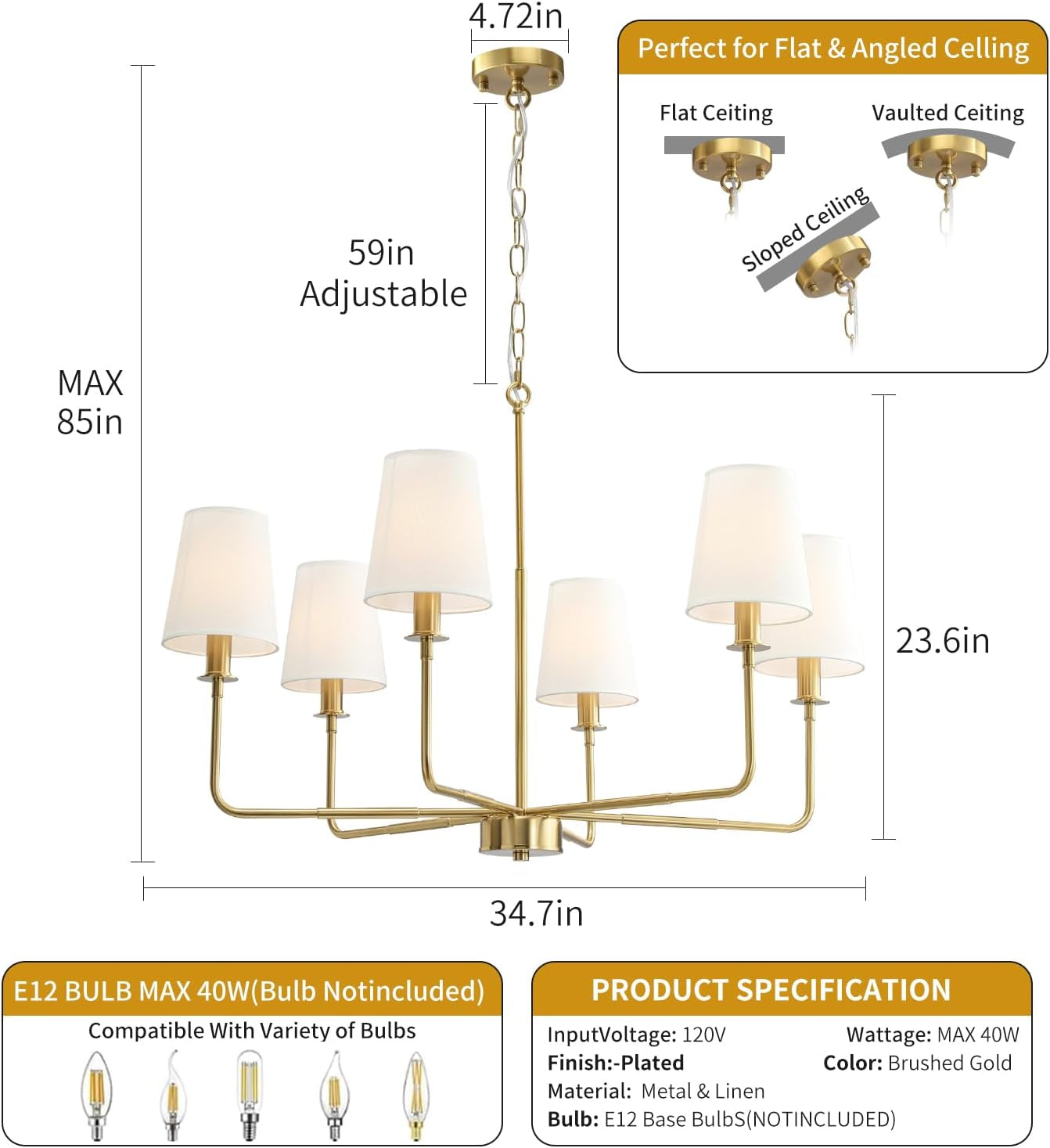 Six Light Brushed Gold Chandelier Industrial Fixture-2
