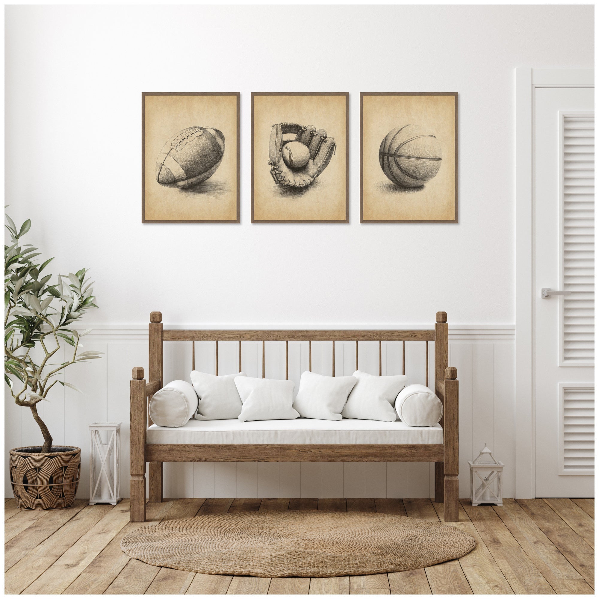 Walnut Antique Football 3 Piece Framed Canvas Wall Art Set by The Creative Bunch Studio