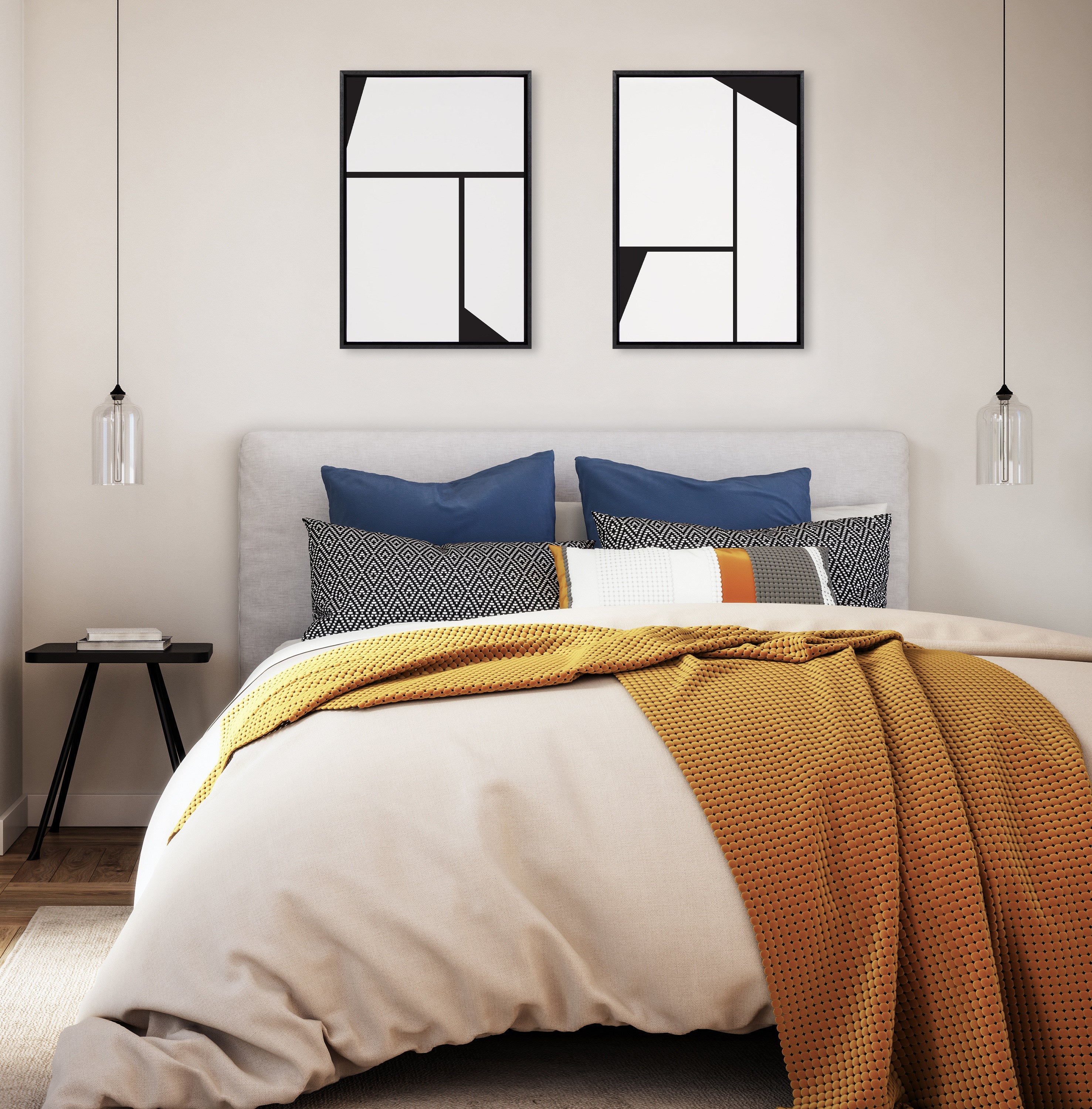 Sylvie Sleek Luxe Minimalist Black and White Abstract Framed Canvas Art Set by The Creative Bunch Studio