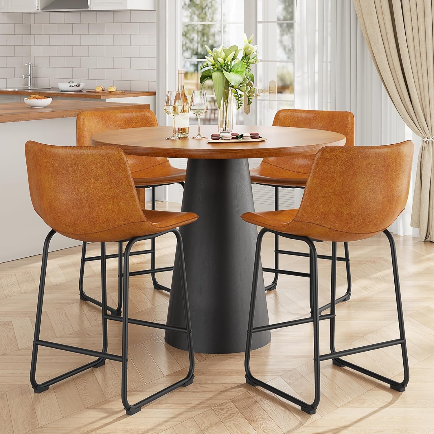 Bar Stools Set Of 4 26 Inch Brown PU Leather Counter Height