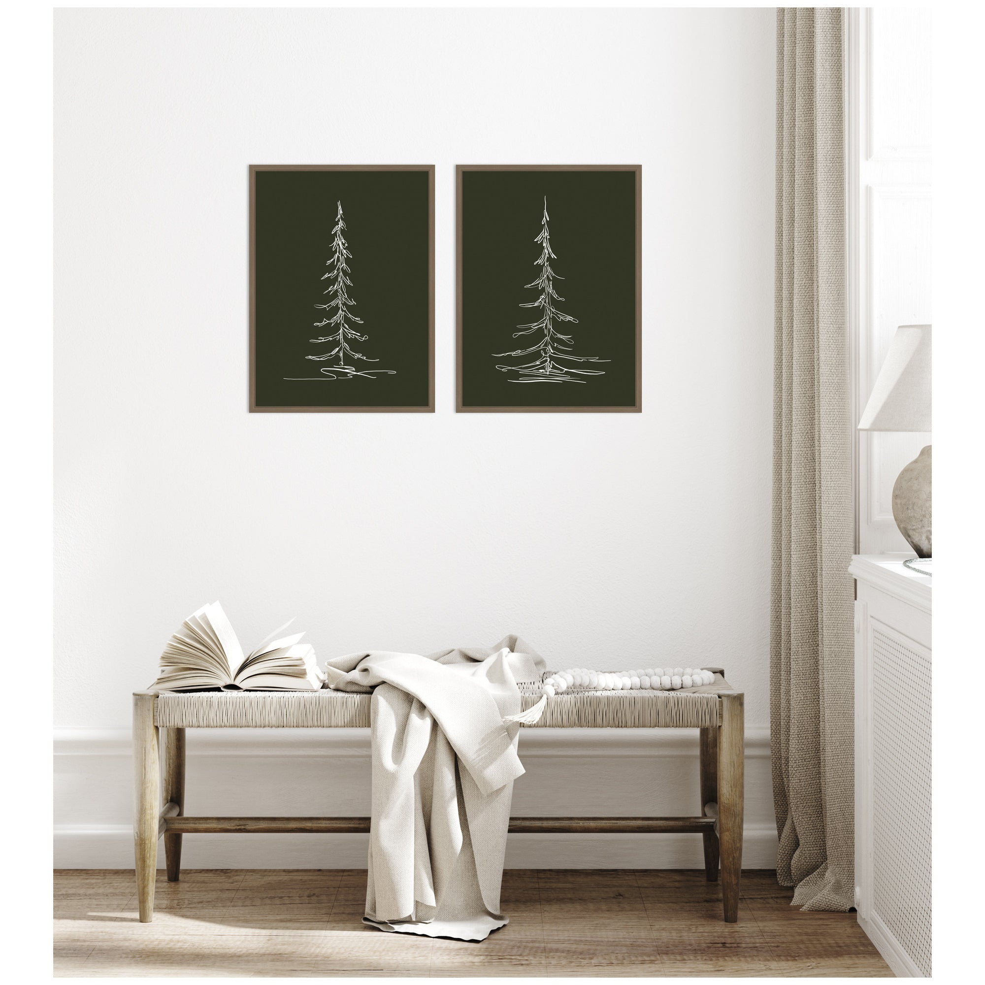 Sylvie Minimalist Evergreen Trees Sketch - 2 Piece Framed Canvas Art Set by The Creative Bunch Studio