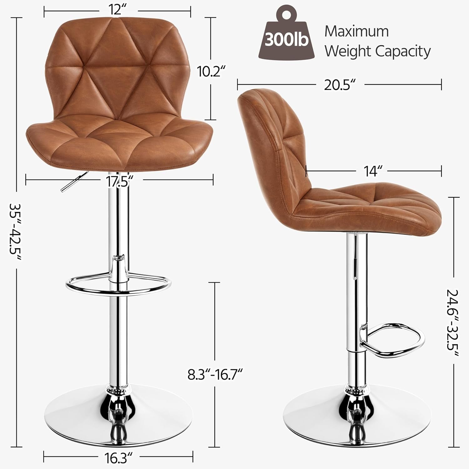 Bar Stools Set Of 2 Adjustable PU Leather Backrest Stools