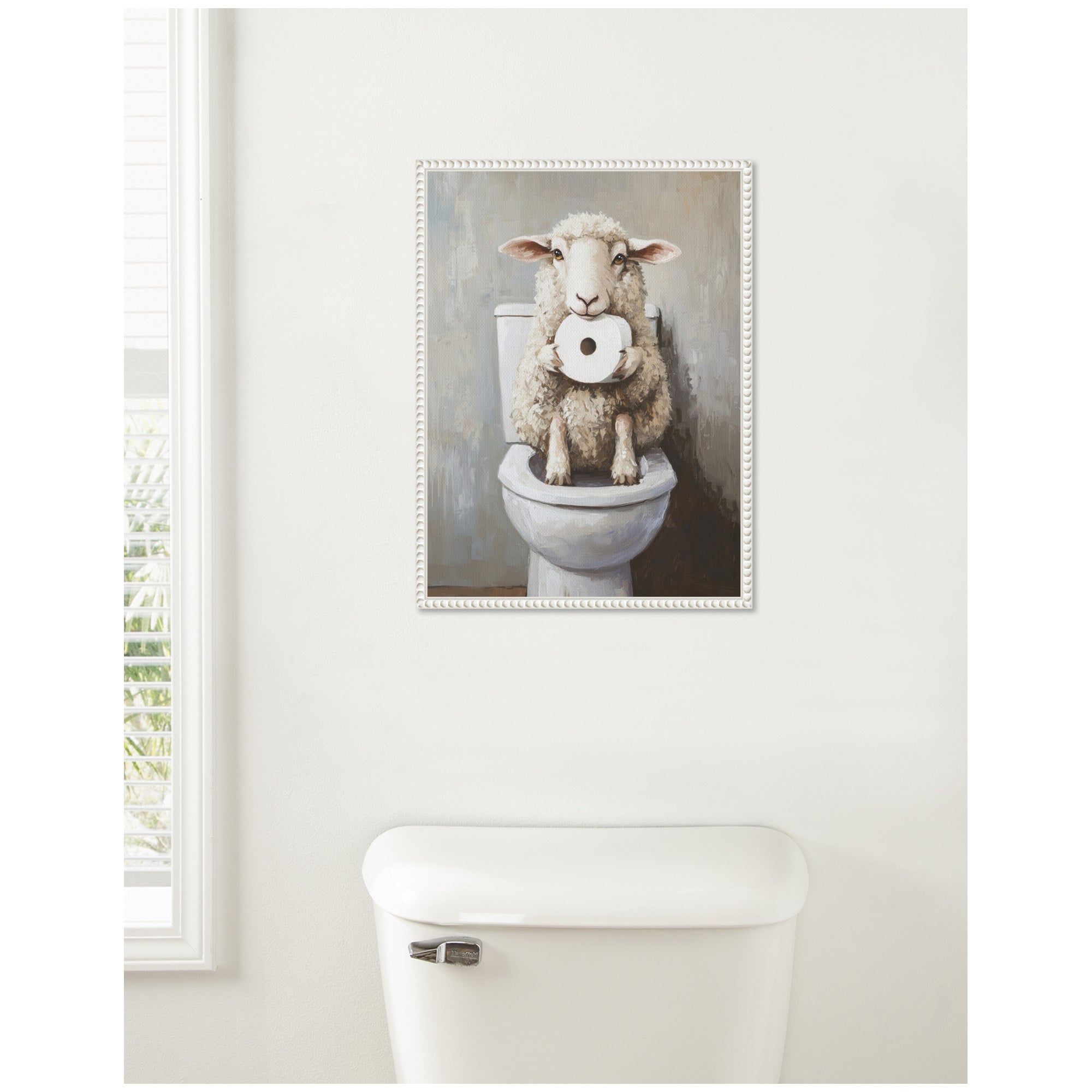 Sylvie Cute Sheep Holding Toilet Paper Roll Toilet Bathroom Art Framed Canvas by The Creative Bunch Studio
