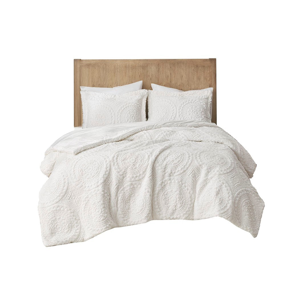 King/Cal King Embroidered Medallion Faux Fur Comforter Mini Set
