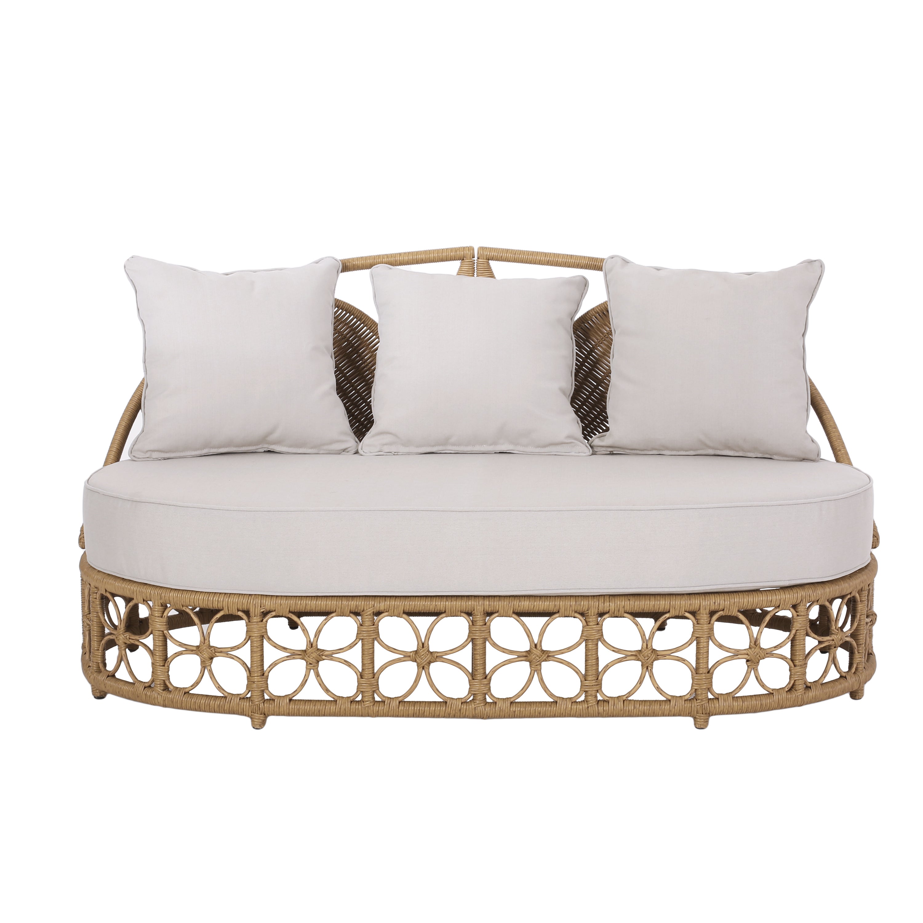 Outdoor Wicker Daybed with Pillows, Light Brown and Beige