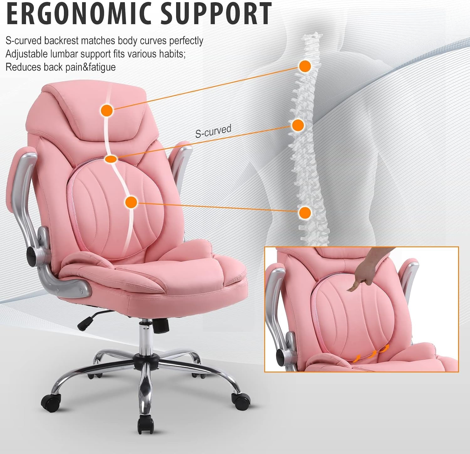 Pink Ergonomic Office Chair With Adjustable Lumbar Support