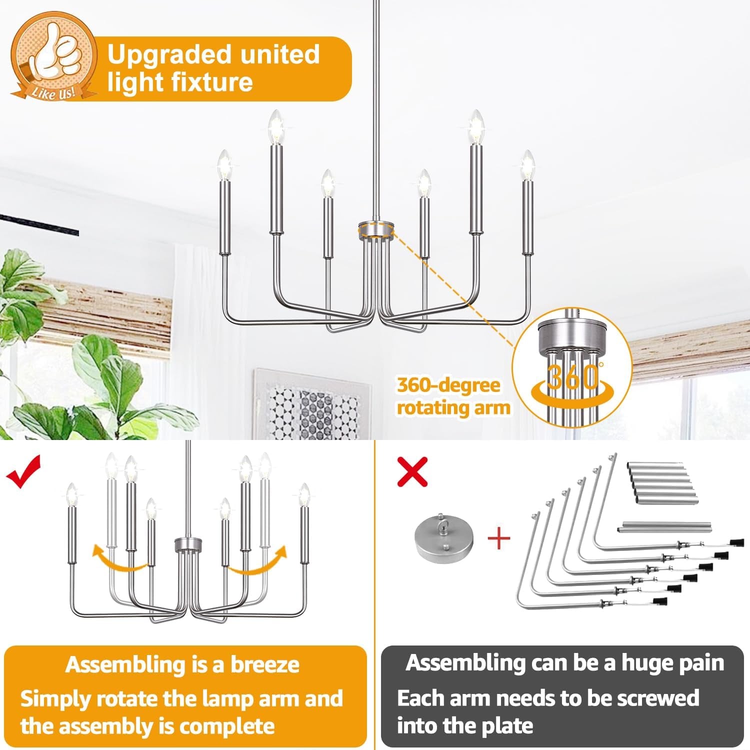 6 Light Brushed Nickel Farmhouse Chandelier For Dining Room