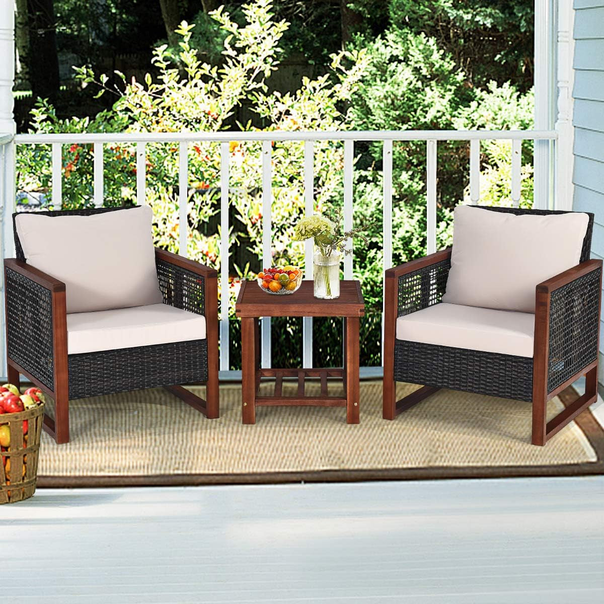 3 Piece Outdoor Patio Furniture Set With Wicker Chairs And Coffee Table Washable Cushions Acacia Wood Frame