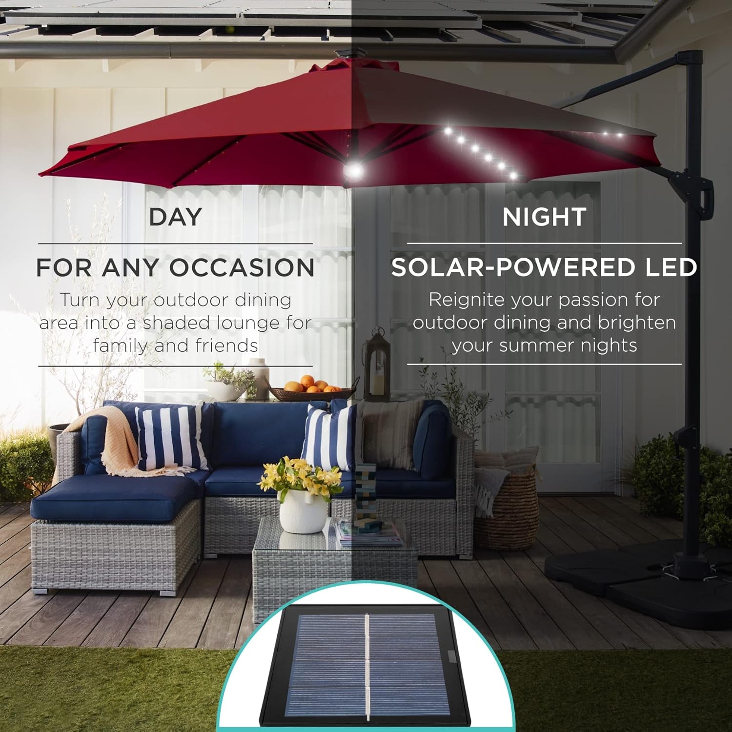 10ft Solar LED Cantilever Patio Umbrella With 360 Degree Rotation And Easy Tilt Cross Base