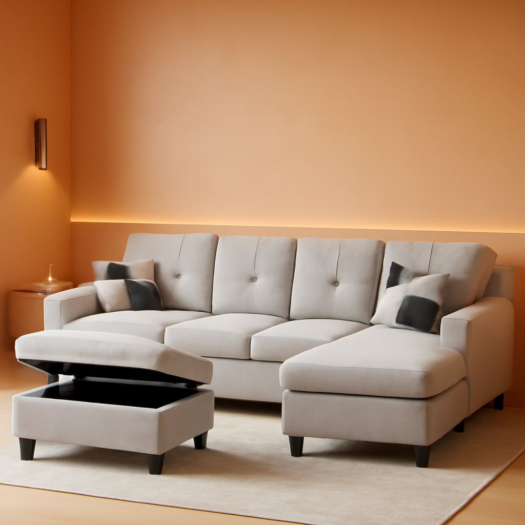 L Shaped 3 Piece Flannel Sofa With Storage Ottoman Grey