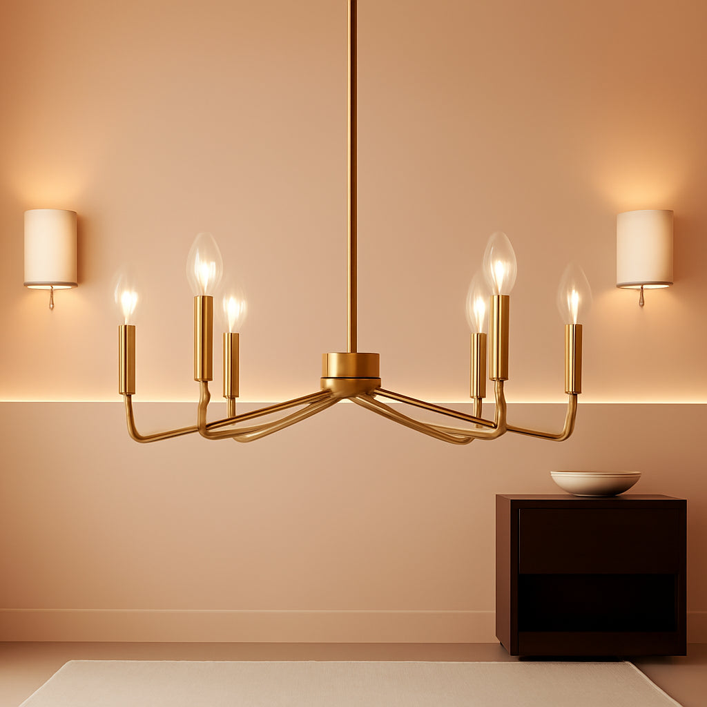 Brushed Brass Six Light Ceiling Mounted Chandelier Fixture-0