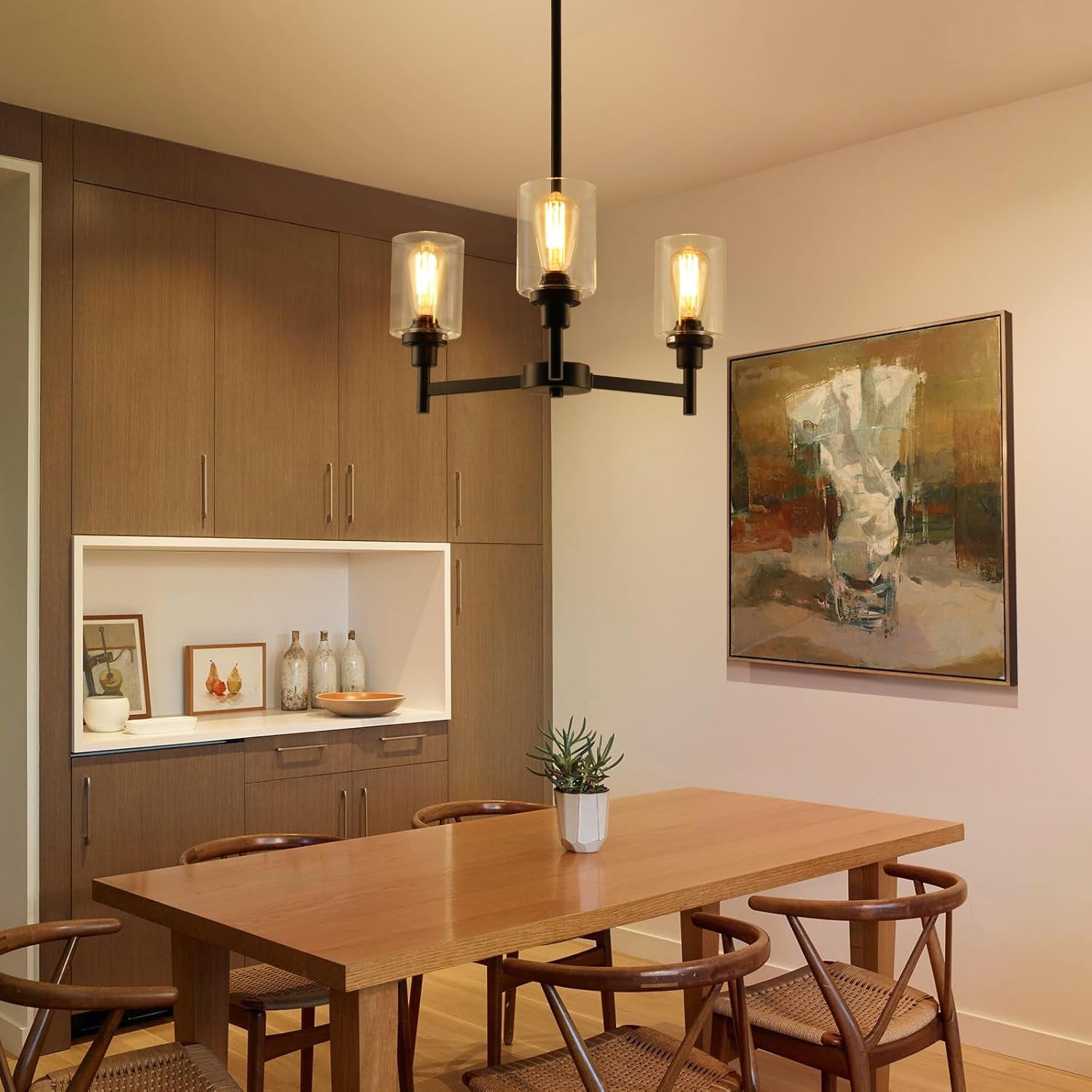 Three Light Black Glass Chandelier For Dining Room And Entryway With Glass Shade
