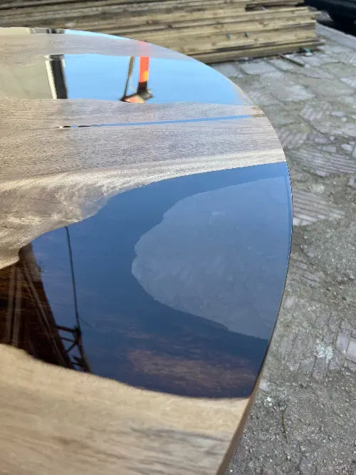 Custom Round Epoxy Resin Walnut Dining - Kitchen Table With Wood Base