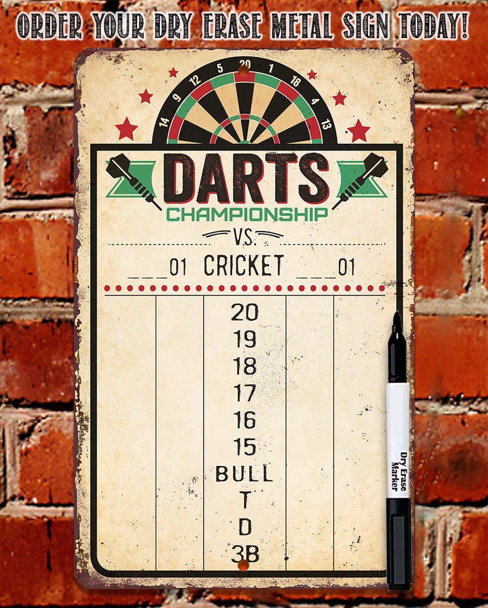 Dart Scoreboard (Beige) Dry Erase for Keeping Score in Games Cricket, 301 or 501 - Metal Sign