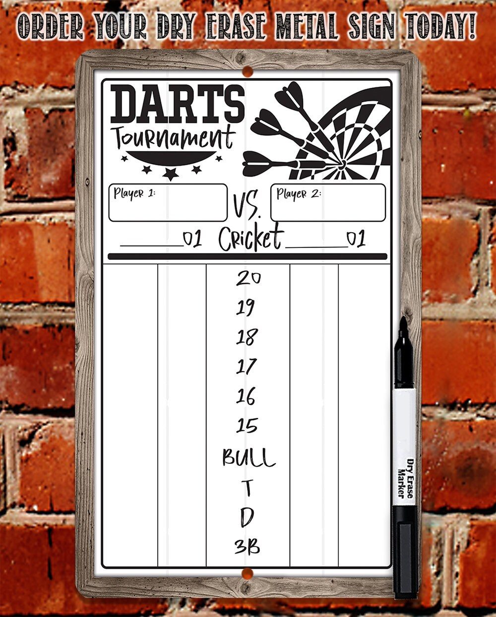Dart Scoreboard (White) Dry Erase for Keeping Score in Games Cricket, 301 or 501 - Metal Sign