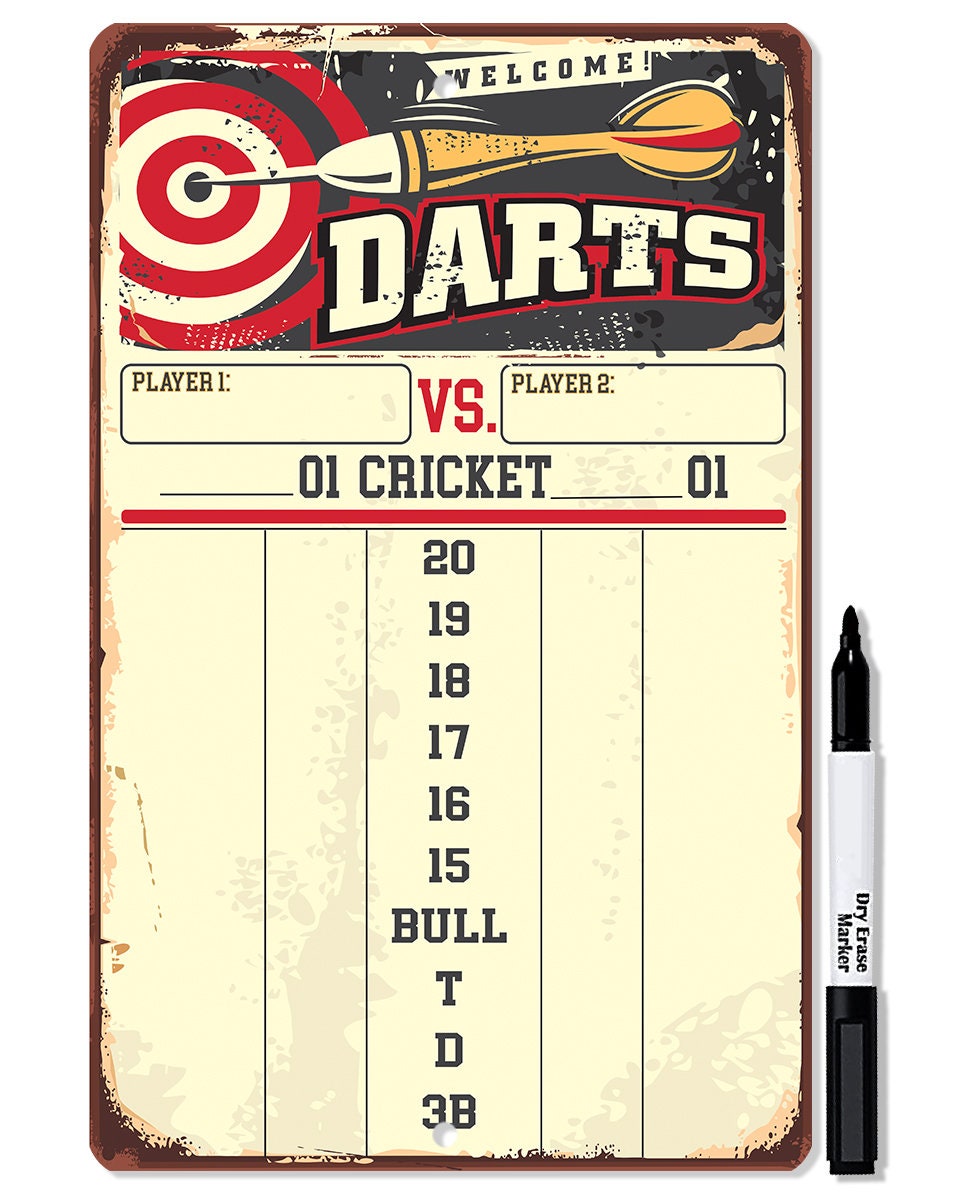 Dart Scoreboard (Yellow) Dry Erase for Keeping Score in Games Cricket, 301 or 501 - Metal Sign