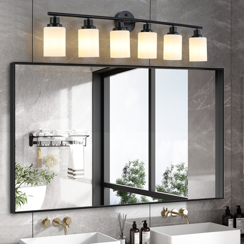 Vanity Light Fixture | 4/5/6/8-Light Bathroom Wall Sconce with Frosted White Glass & Iron Frame — Black, Chrome or Gold, 4 Sizes