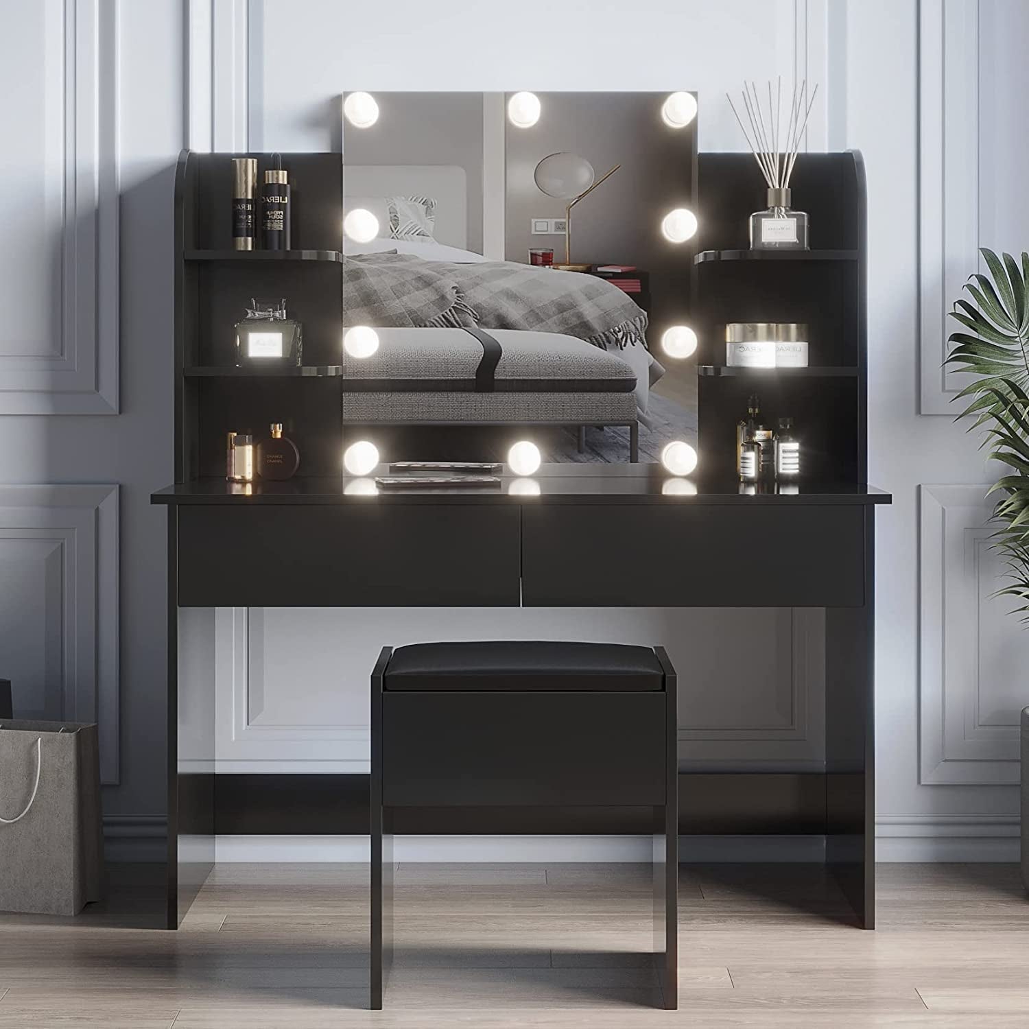 Black Vanity Set With 10 Lights For Bedroom Storage