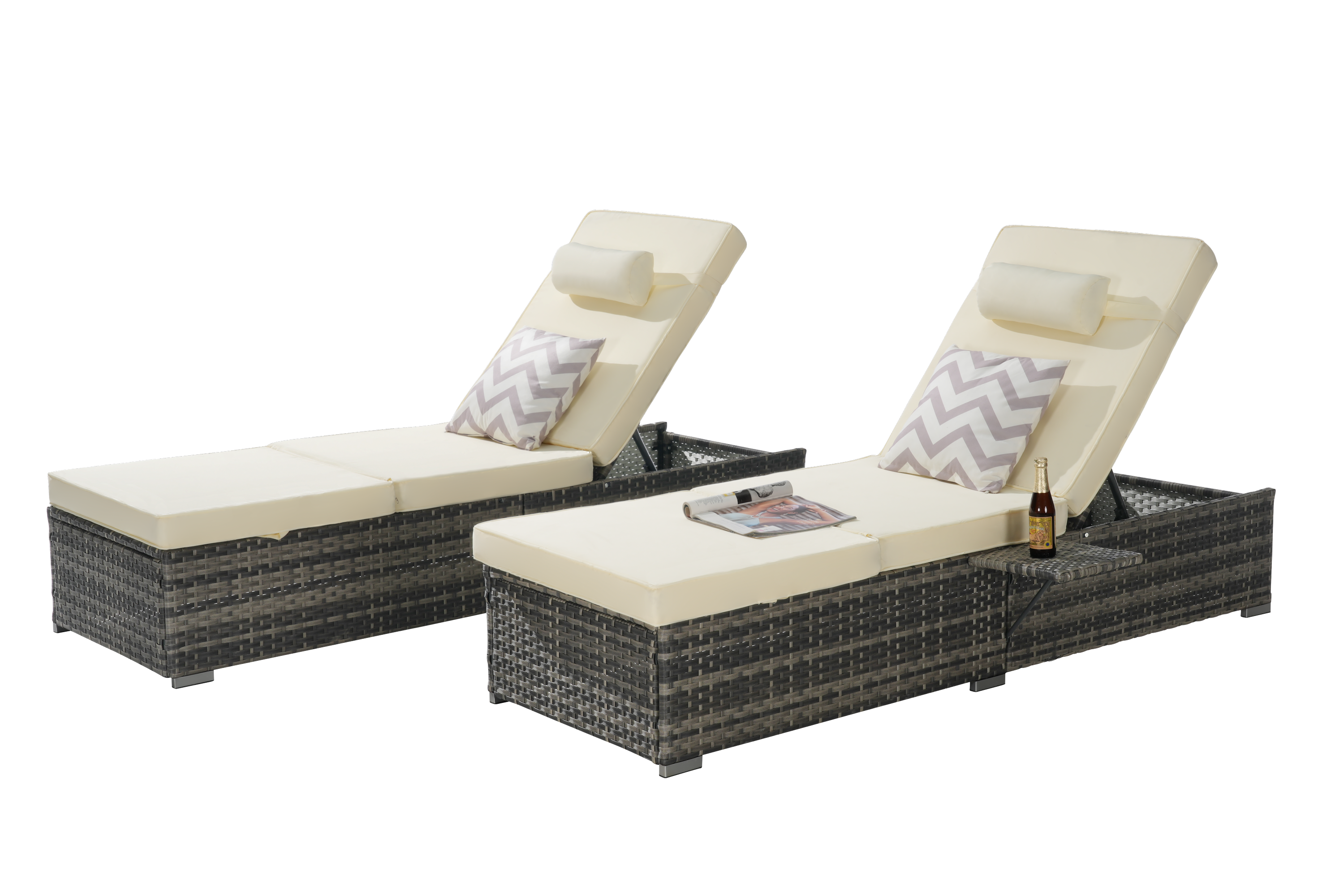 Outdoor Chaise Lounge Chair Set of 2 with Storage and Cushions