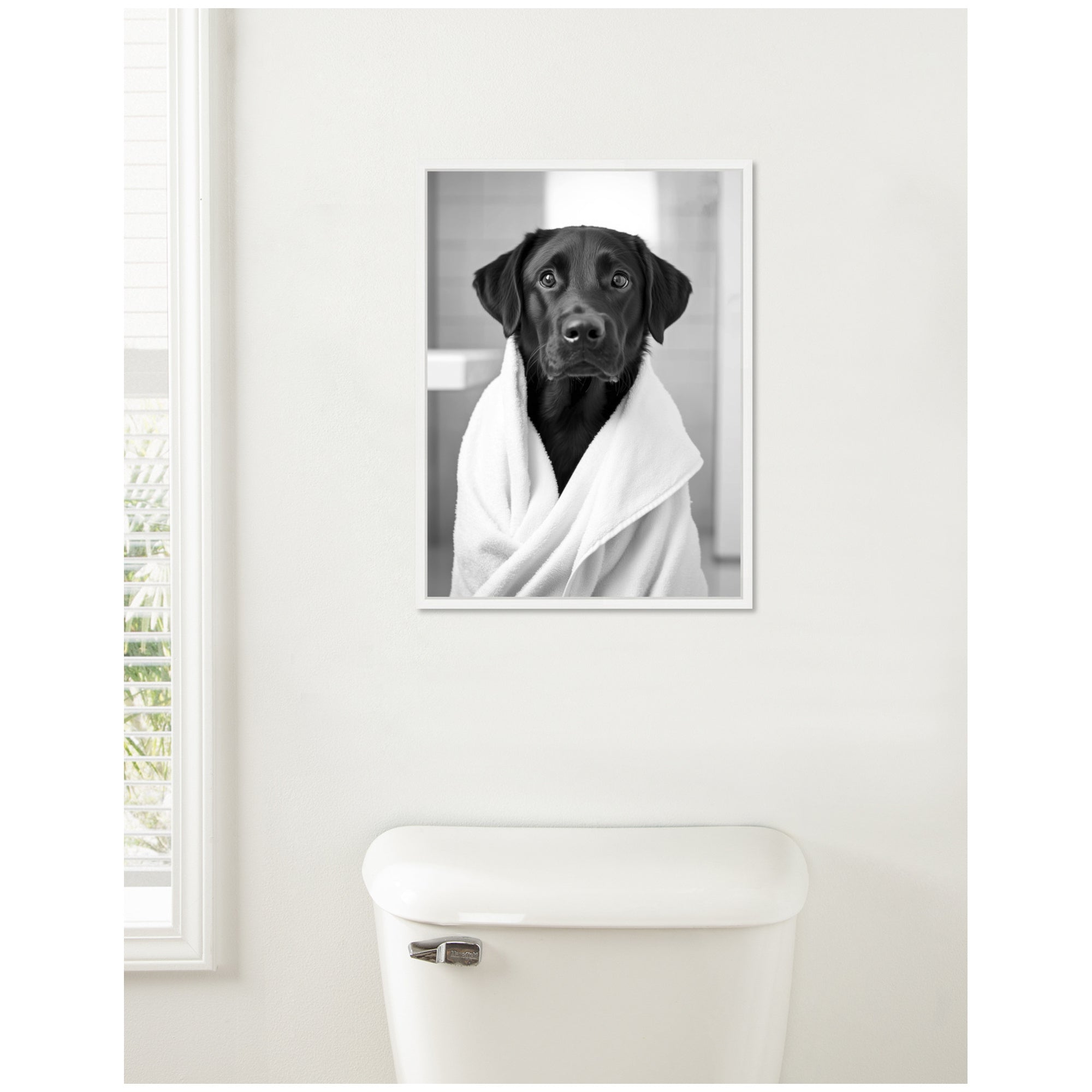 Sylvie Black Lab Bathroom Art Towel Robe Black and White Framed Canvas by The Creative Bunch Studio