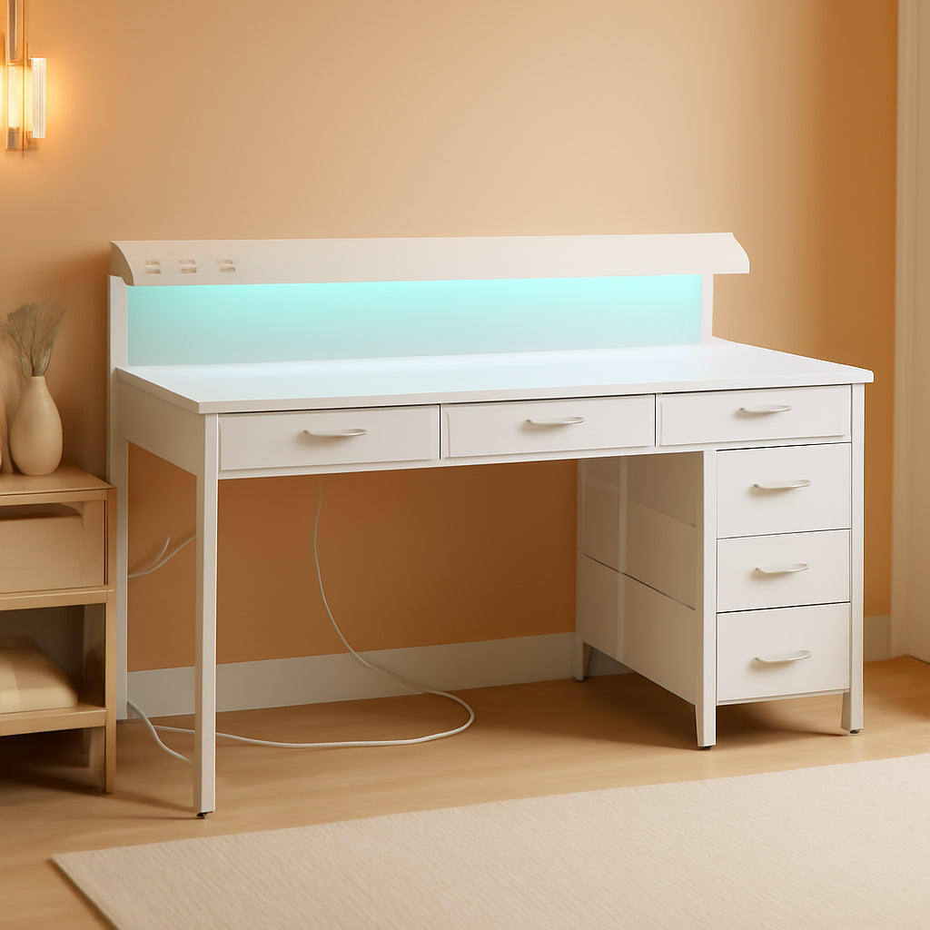 White 47 Inch LED Gaming Desk With 6 Drawers USB Type C
