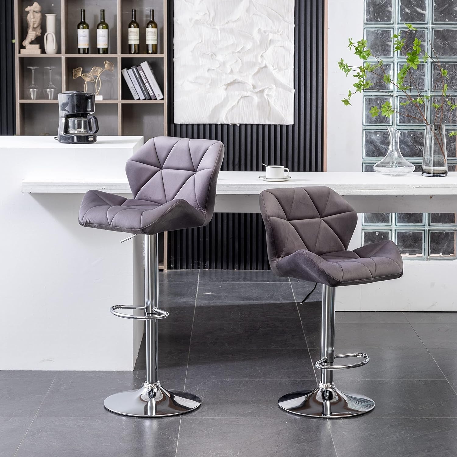 Breni Velvet Diamond Tufted Swivel Adjustable Height Bar Stool Set Of 2 Gray