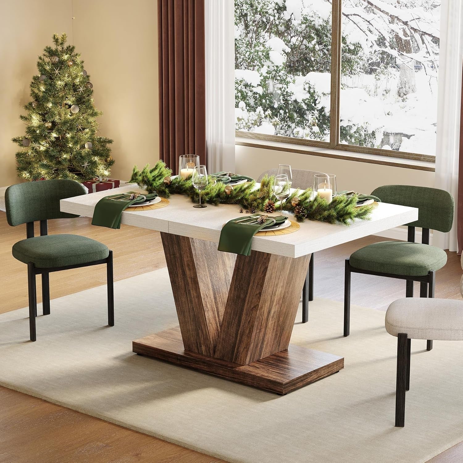 47 Inch White Rectangular Dining Table With Rustic Pedestal