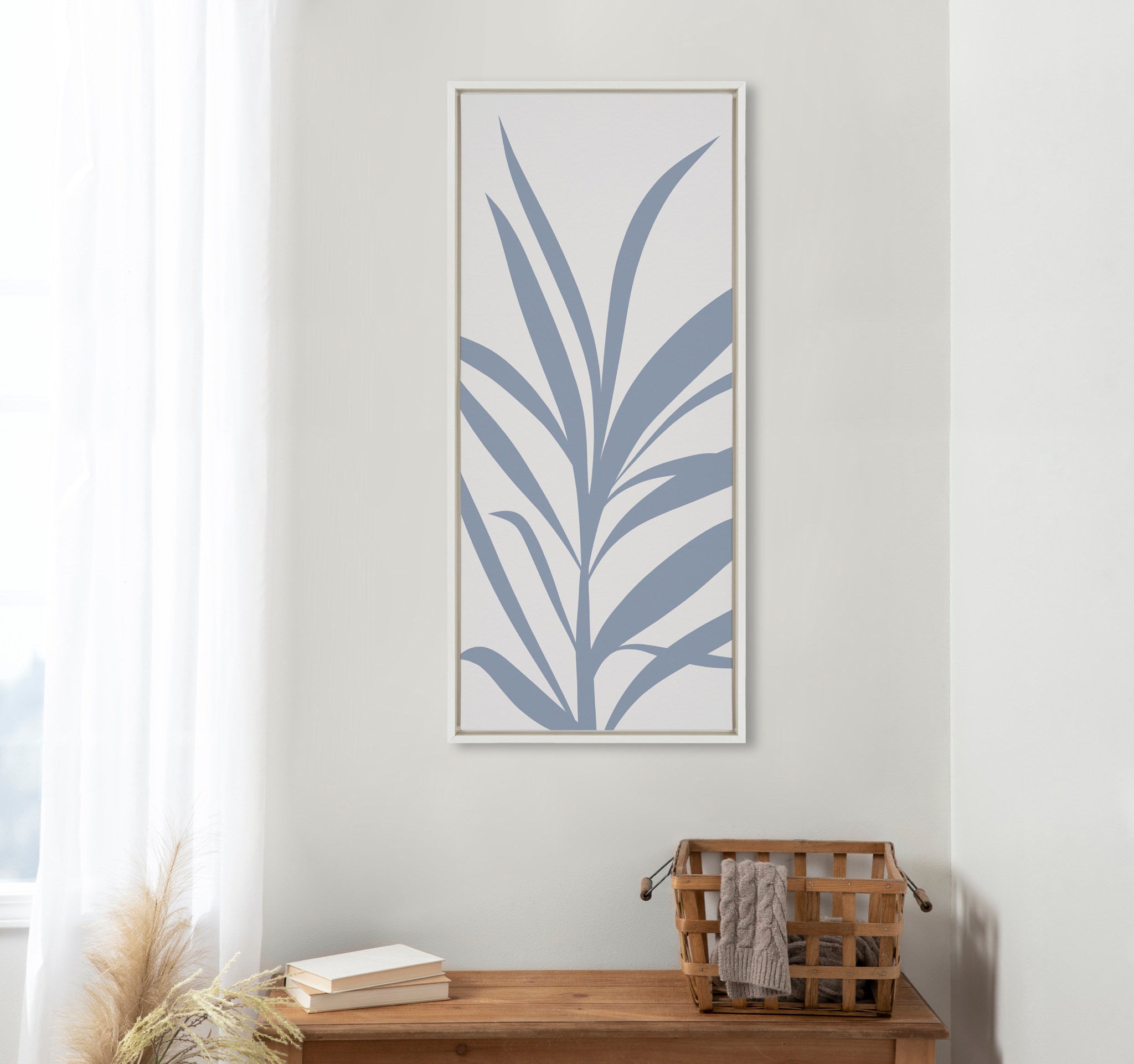 Sylvie Mid Century Retro Jungle Botanical Light Blue Framed Canvas by The Creative Bunch Studio