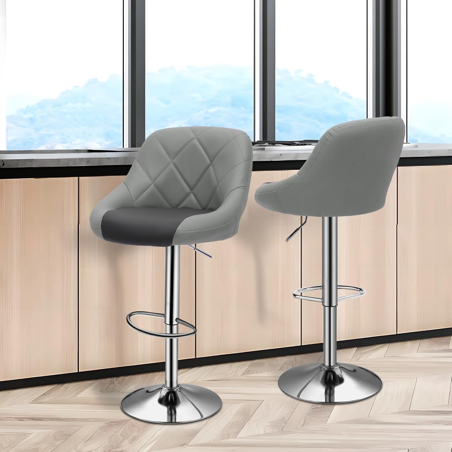 Height Adjustable Grey PU Leather Bar Stools Set Of 2