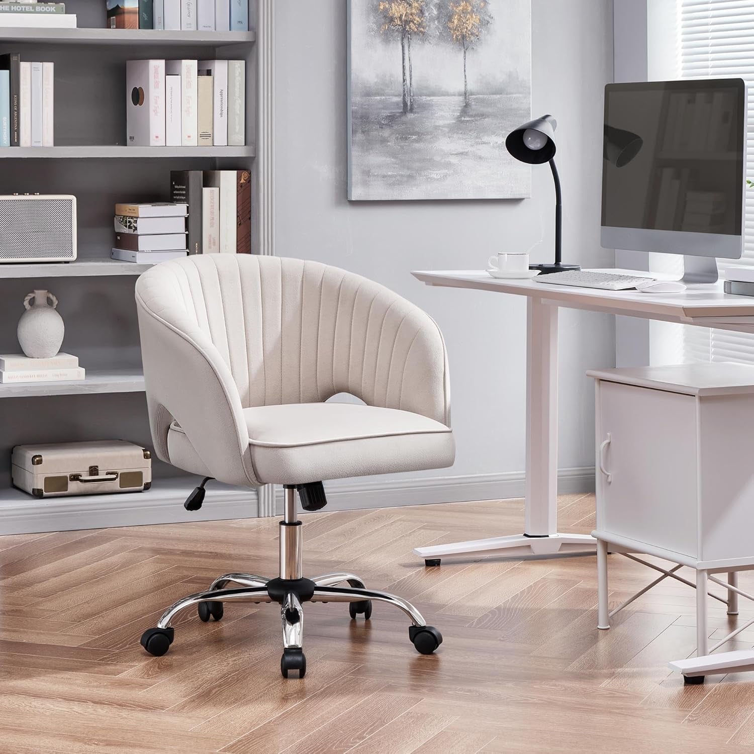 Cream Velvet Swivel Desk Chair With Wheels Tufted Back