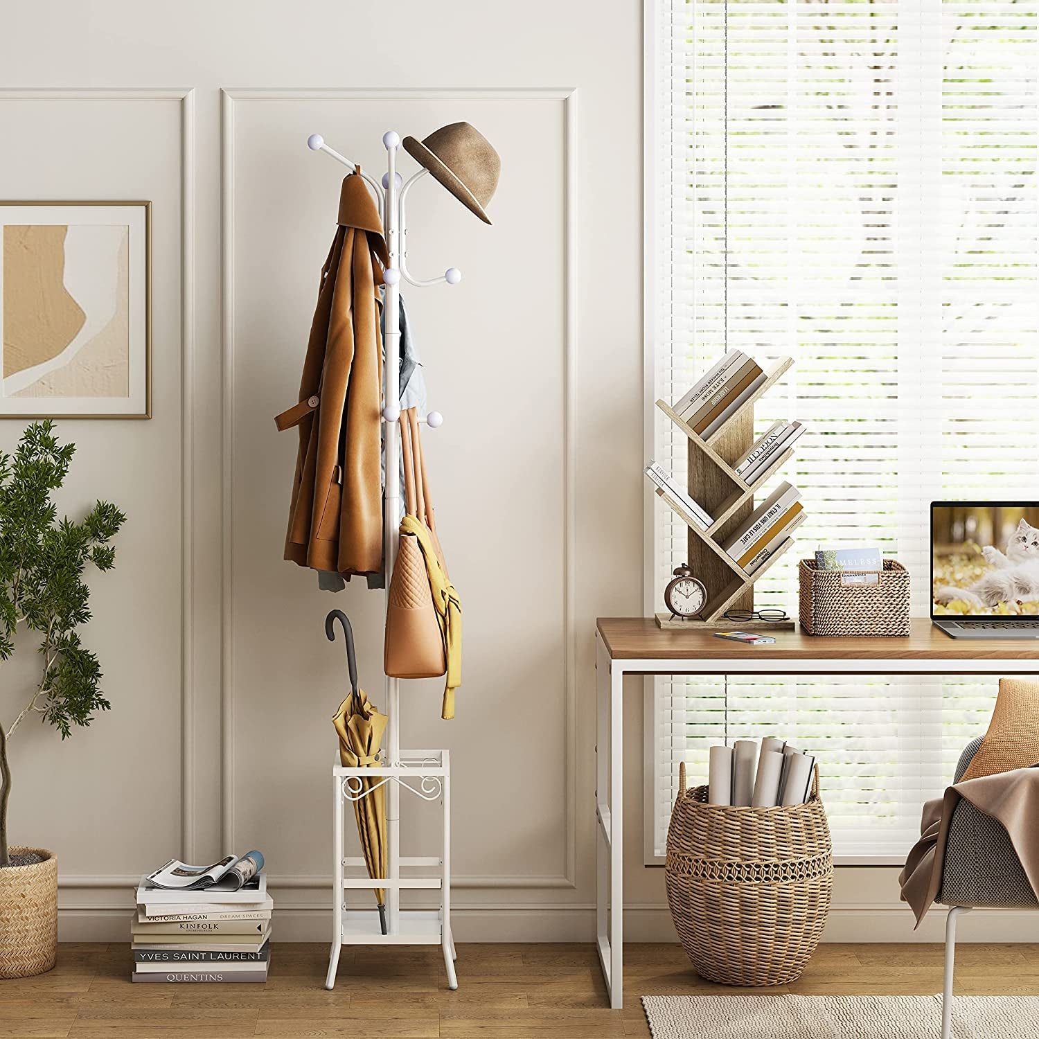 Greige 4 Tier Tree Bookshelf Modern Storage Bookcase