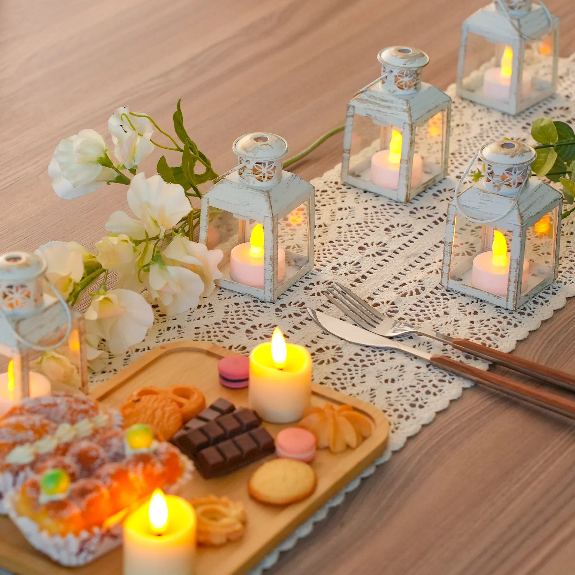 6 Pcs Small Metal Candle Lanterns Vintage Hanging House Tealight Lantern-2