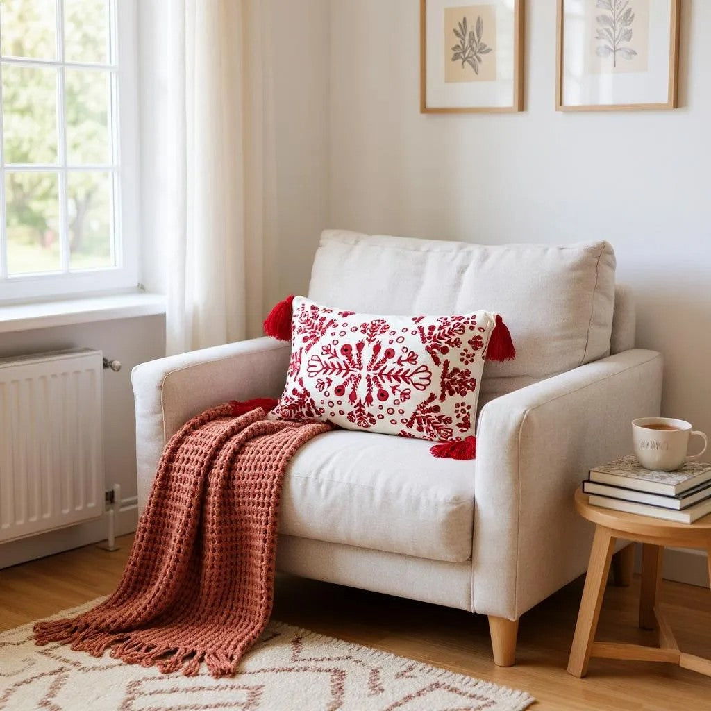 Red & White Embroidered Throw Pillow with Tassels Handcrafted Elegance for Your Home
